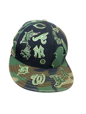 New Era Cap MLB All Over Team Logos 59Fifty Baseball Fitted Camo Hat  7 1/4 Rare